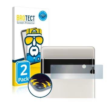 Face avant d’un emballage produit avec le logo de la marque BROTECT. À côté, l’appareil Google Pixel 6 Pro (Caméra UNIQUEMENT)