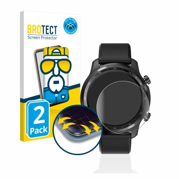 Face avant d’un emballage produit avec le logo de la marque BROTECT. À côté, l’appareil Mobvoi Ticwatch Pro 3 Ultra GPS est re