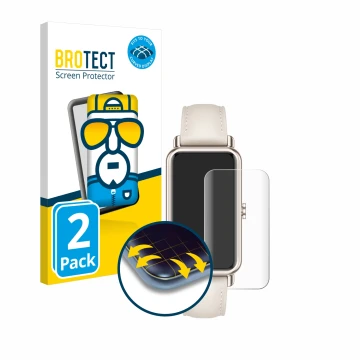 Face avant d’un emballage produit avec le logo de la marque BROTECT. À côté, l’appareil Huawei Watch Fit mini est représenté a