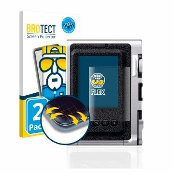 Face avant d’un emballage produit avec le logo de la marque BROTECT. À côté, l’appareil Fujifilm Instax Mini Evo est représent