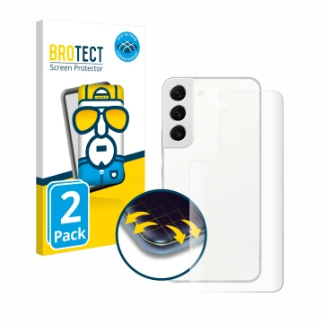 Face avant d’un emballage produit avec le logo de la marque BROTECT. À côté, l’appareil Samsung Galaxy S22 5G (Arrière) est re