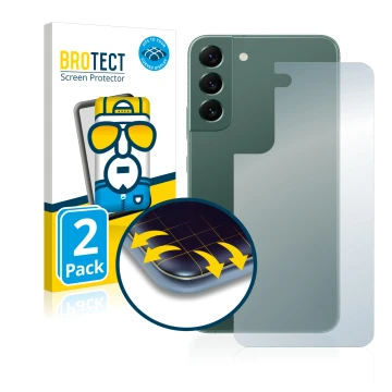 Face avant d’un emballage produit avec le logo de la marque BROTECT. À côté, l’appareil Samsung Galaxy S22 Plus 5G (Arrière) e