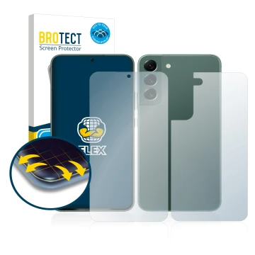 Face avant d’un emballage produit avec le logo de la marque BROTECT. À côté, l’appareil Samsung Galaxy S22 Plus 5G (Avant+Arri