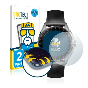 Face avant d’un emballage produit avec le logo de la marque BROTECT. À côté, l’appareil TAG Heuer Connected Calibre E4 (42 mm)