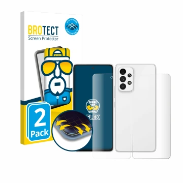 Face avant d’un emballage produit avec le logo de la marque BROTECT. À côté, l’appareil Samsung Galaxy A53 5G (Avant+Arrière) 