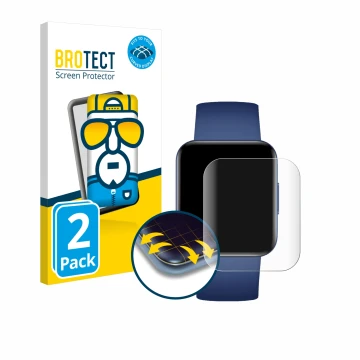 Face avant d’un emballage produit avec le logo de la marque BROTECT. À côté, l’appareil Xiaomi Poco Watch est représenté avec 