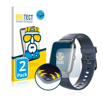 Face avant d’un emballage produit avec le logo de la marque BROTECT. À côté, l’appareil Hama Fit Watch 4900 est représenté ave