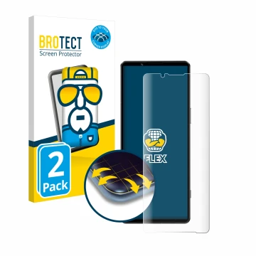 Face avant d’un emballage produit avec le logo de la marque BROTECT. À côté, l’appareil Sony Xperia 1 IV est représenté avec l