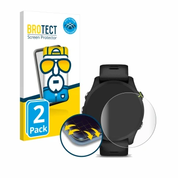 Face avant d’un emballage produit avec le logo de la marque BROTECT. À côté, l’appareil Garmin Forerunner 255 Music est représ