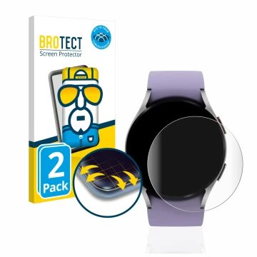 Face avant d’un emballage produit avec le logo de la marque BROTECT. À côté, l’appareil Samsung Galaxy Watch 5 (40mm) est repr