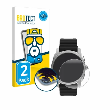 Face avant d’un emballage produit avec le logo de la marque BROTECT. À côté, l’appareil Fossil Gen 6 Hybrid Machine (45mm) est