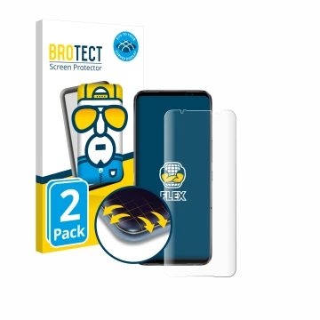 Face avant d’un emballage produit avec le logo de la marque BROTECT. À côté, l’appareil ASUS ROG Phone 6 Pro est représenté av