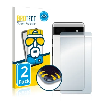 Face avant d’un emballage produit avec le logo de la marque BROTECT. À côté, l’appareil Google Pixel 6a (Arrière) est représen