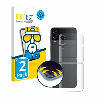 Face avant d’un emballage produit avec le logo de la marque BROTECT. À côté, l’appareil Samsung Galaxy Z Flip 4 (Arrière) est 