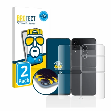 Face avant d’un emballage produit avec le logo de la marque BROTECT. À côté, l’appareil Samsung Galaxy Z Flip 4 (Avant+Arrière
