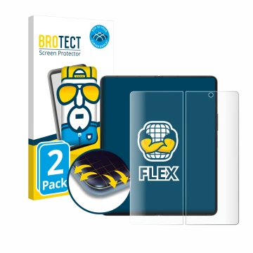Face avant d’un emballage produit avec le logo de la marque BROTECT. À côté, l’appareil Samsung Galaxy Z Fold 4 (Affichage int