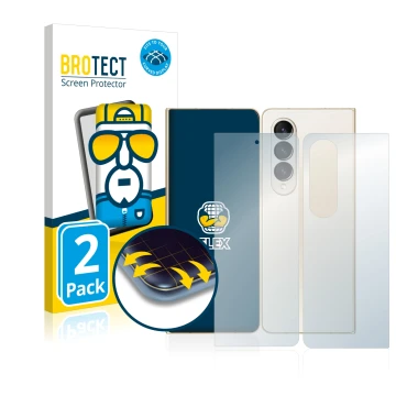Face avant d’un emballage produit avec le logo de la marque BROTECT. À côté, l’appareil Samsung Galaxy Z Fold 4 (Avant+Arrière