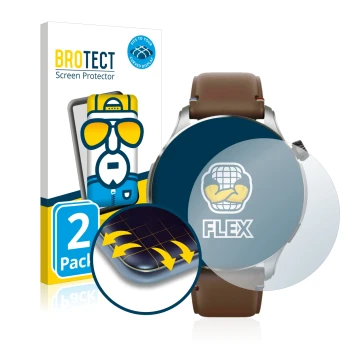 Face avant d’un emballage produit avec le logo de la marque BROTECT. À côté, l’appareil Huami Amazfit GTR 4 est représenté ave