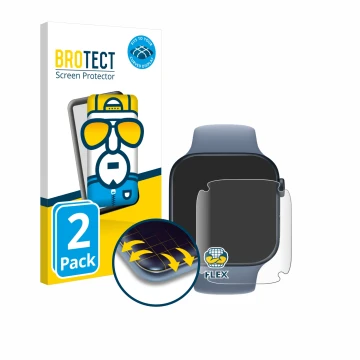 Face avant d’un emballage produit avec le logo de la marque BROTECT. À côté, l’appareil Apple Watch Series 8 (45 mm) est repré