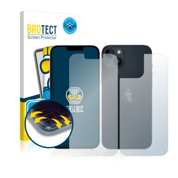 Face avant d’un emballage produit avec le logo de la marque BROTECT. À côté, l’appareil Apple iPhone 14 (Avant+Arrière) est re