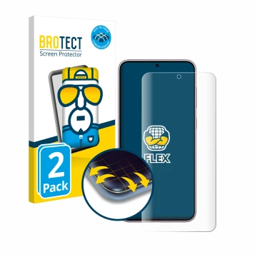 Face avant d’un emballage produit avec le logo de la marque BROTECT. À côté, l’appareil Samsung Galaxy S23 Plus est représenté