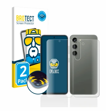 Face avant d’un emballage produit avec le logo de la marque BROTECT. À côté, l’appareil Samsung Galaxy S23 Plus (Avant+Arrière