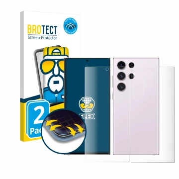 Face avant d’un emballage produit avec le logo de la marque BROTECT. À côté, l’appareil Samsung Galaxy S23 Ultra (Avant+Arrièr