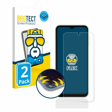 Face avant d’un emballage produit avec le logo de la marque BROTECT. À côté, l’appareil Samsung Galaxy A14 4G est représenté a