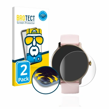Face avant d’un emballage produit avec le logo de la marque BROTECT. À côté, l’appareil Hama Fit Watch 4910 est représenté ave