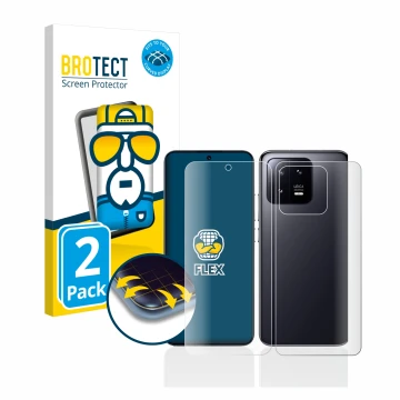 Face avant d’un emballage produit avec le logo de la marque BROTECT. À côté, l’appareil Xiaomi 13 (Avant+Arrière) est représen