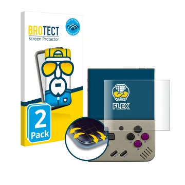 Face avant d’un emballage produit avec le logo de la marque BROTECT. À côté, l’appareil Miyoo Mini Plus est représenté avec la