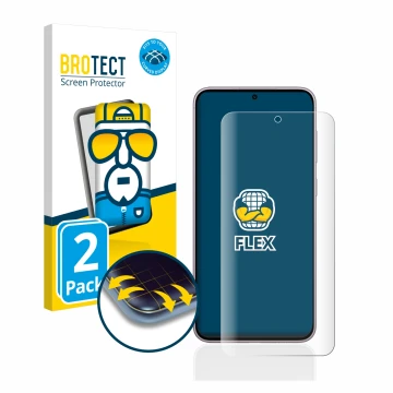 Face avant d’un emballage produit avec le logo de la marque BROTECT. À côté, l’appareil Samsung Galaxy S23 Enterprise Edition 