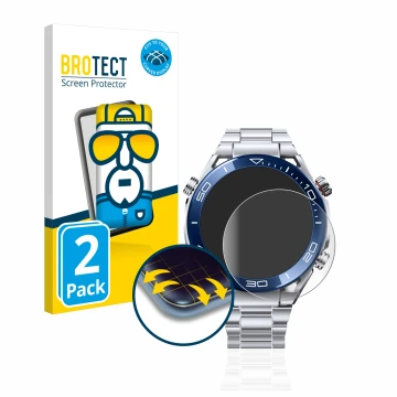 Face avant d’un emballage produit avec le logo de la marque BROTECT. À côté, l’appareil Huawei Watch Ultimate (48.5 mm) est re