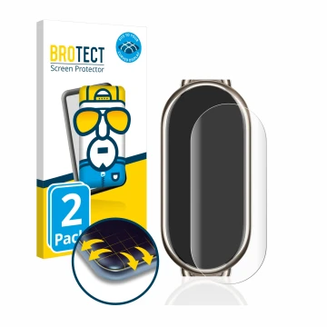 Face avant d’un emballage produit avec le logo de la marque BROTECT. À côté, l’appareil Xiaomi Mi Band 8 est représenté avec l