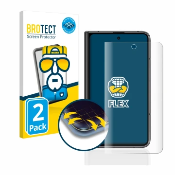 Face avant d’un emballage produit avec le logo de la marque BROTECT. À côté, l’appareil Google Pixel Fold (Affichage externe) 