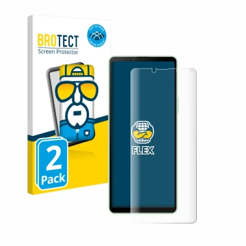 Face avant d’un emballage produit avec le logo de la marque BROTECT. À côté, l’appareil Sony Xperia 10 V est représenté avec l