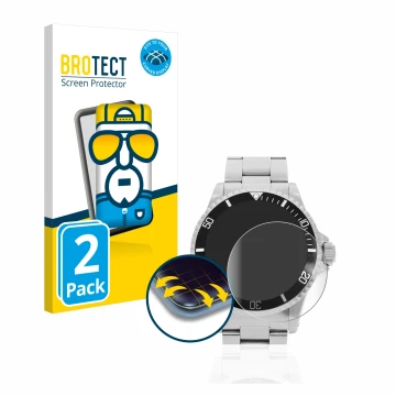 Face avant d’un emballage produit avec le logo de la marque BROTECT. À côté, l’appareil Rolex Submariner (no date) est représe