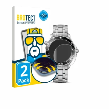 Face avant d’un emballage produit avec le logo de la marque BROTECT. À côté, l’appareil Omega Seamaster Diver 300M (42 mm) est