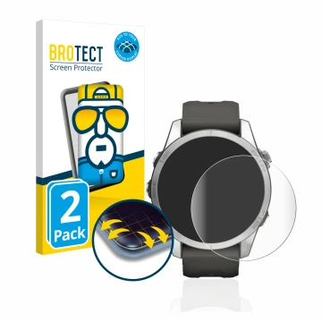 Face avant d’un emballage produit avec le logo de la marque BROTECT. À côté, l’appareil Garmin Fenix 7S Pro Solar (42 mm) est 
