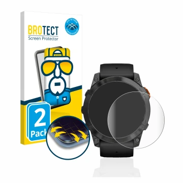 Face avant d’un emballage produit avec le logo de la marque BROTECT. À côté, l’appareil Garmin Fenix 7X Pro Solar (51 mm) est 