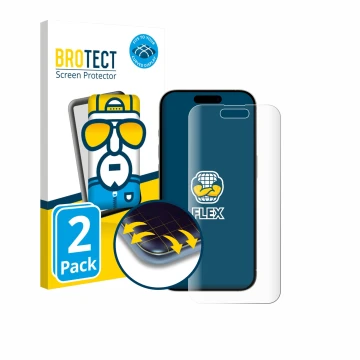 Face avant d’un emballage produit avec le logo de la marque BROTECT. À côté, l’appareil Apple iPhone 15 est représenté avec la