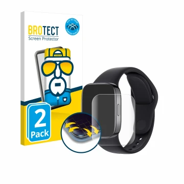 Face avant d’un emballage produit avec le logo de la marque BROTECT. À côté, l’appareil Xiaomi Redmi Watch 3 est représenté av