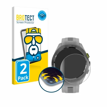 Face avant d’un emballage produit avec le logo de la marque BROTECT. À côté, l’appareil Garmin Approach S70 (42 mm) est représ