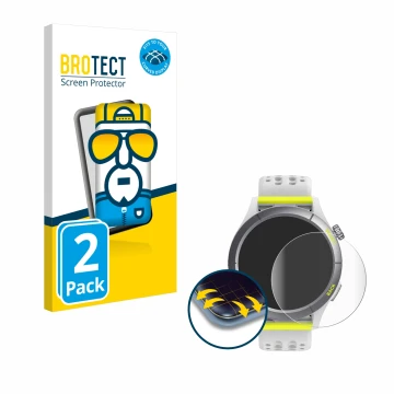 Face avant d’un emballage produit avec le logo de la marque BROTECT. À côté, l’appareil Huami Amazfit Cheetah est représenté a