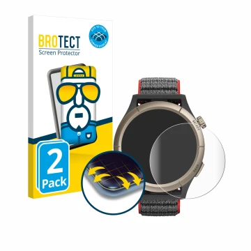 Face avant d’un emballage produit avec le logo de la marque BROTECT. À côté, l’appareil Huami Amazfit Cheetah Pro est représen