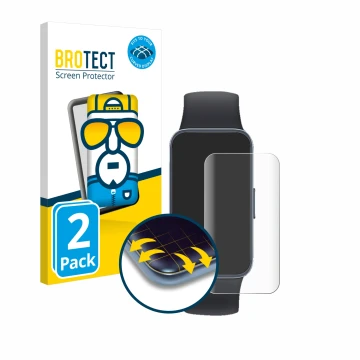 Face avant d’un emballage produit avec le logo de la marque BROTECT. À côté, l’appareil Huawei Band 8 est représenté avec la p
