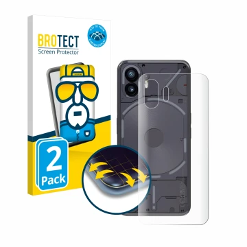Face avant d’un emballage produit avec le logo de la marque BROTECT. À côté, l’appareil Nothing Phone (2) (Arrière) est représ