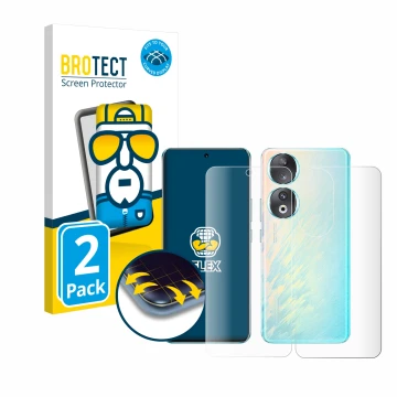 Face avant d’un emballage produit avec le logo de la marque BROTECT. À côté, l’appareil Honor 90 (Avant+Arrière) est représent