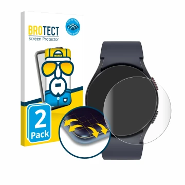Face avant d’un emballage produit avec le logo de la marque BROTECT. À côté, l’appareil Samsung Galaxy Watch 6 (40 mm) est rep