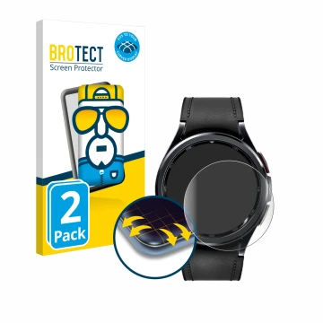 Face avant d’un emballage produit avec le logo de la marque BROTECT. À côté, l’appareil Samsung Galaxy Watch 6 Classic (43 mm)